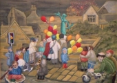 Panel depicting a 21st century scene, including town statue